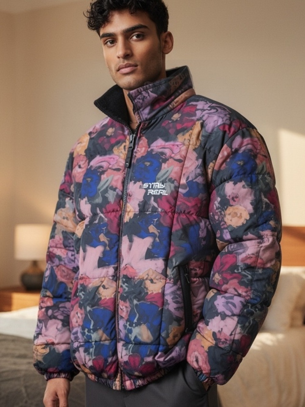 Zara Men’s Stay Real Floral Puffer Jacket  Multicolor Unisex Ski Snowboard M